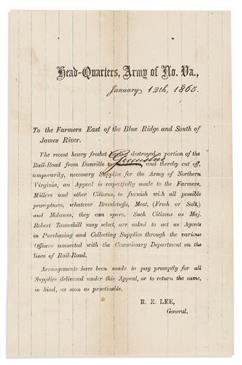 (CIVIL WAR--CONFEDERATE.) Robert E. Lee. Circular letter pleading for bread and meat from the local farmers; with a transmittal letter.